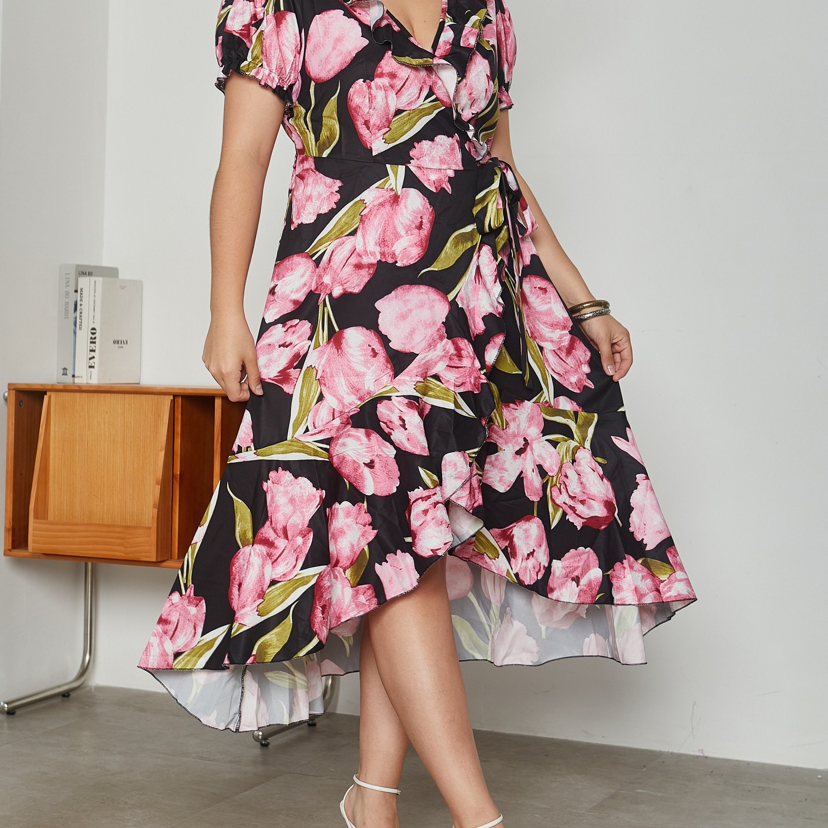 Floral Print Puff Sleeve Wrap Dress