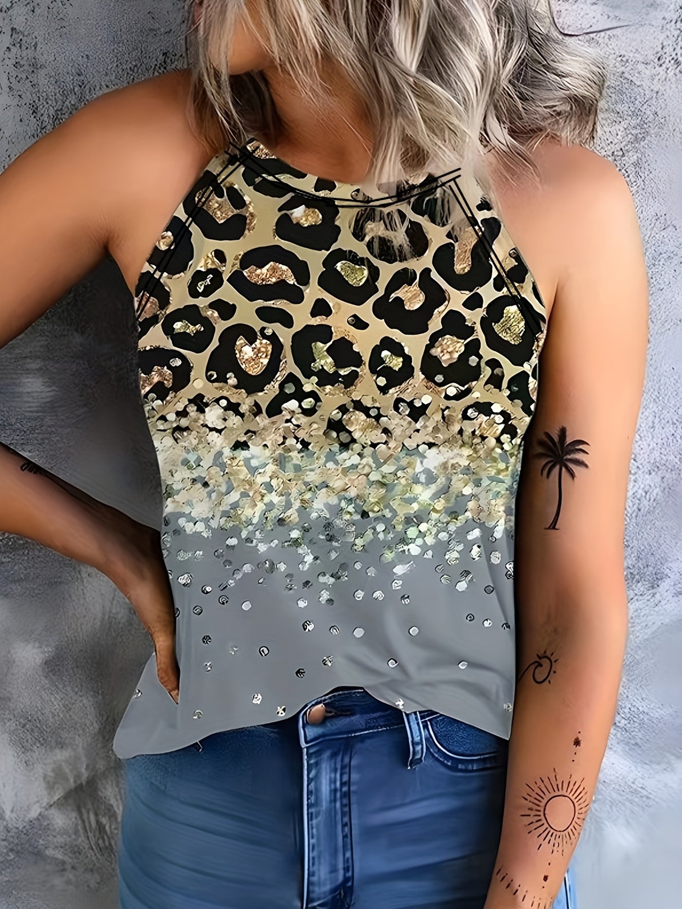 Leopard Print Halter Tank Top Sleeveless Casual Summer Women's Clothing