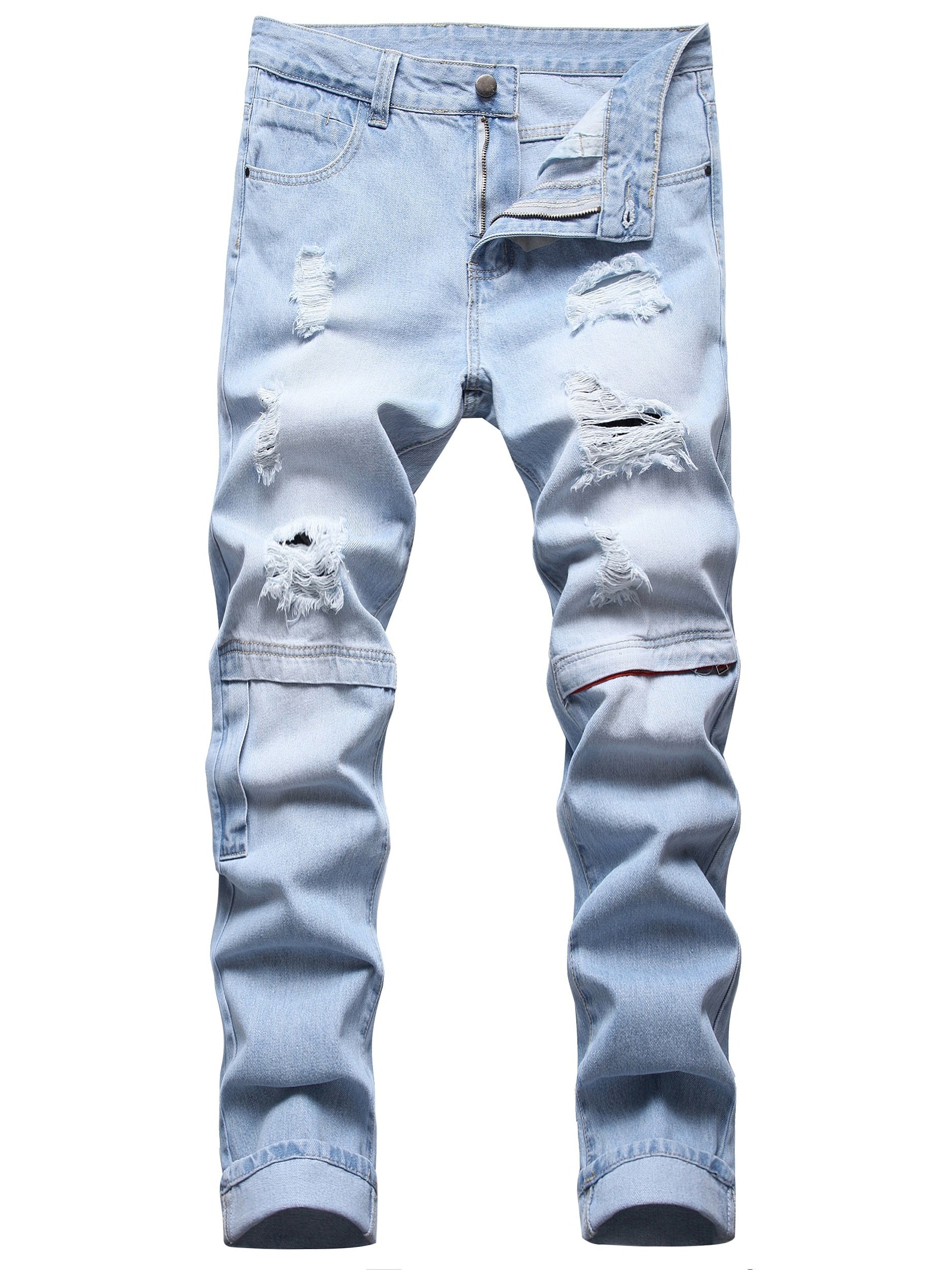 Men's Ripped Straight Regular Denim Jeans With Pockets