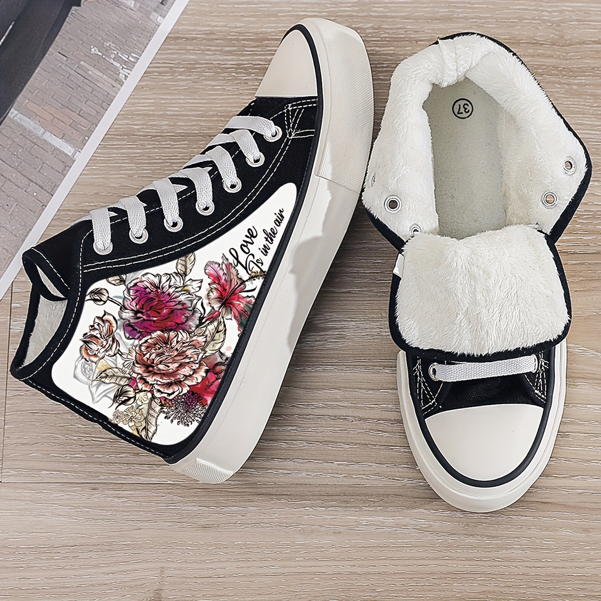 Floral Print Plush Lined Thermal Chunky Canvas Sneakers