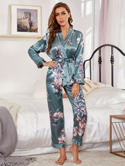 Floral Print Pajama Set with Robe & Pants