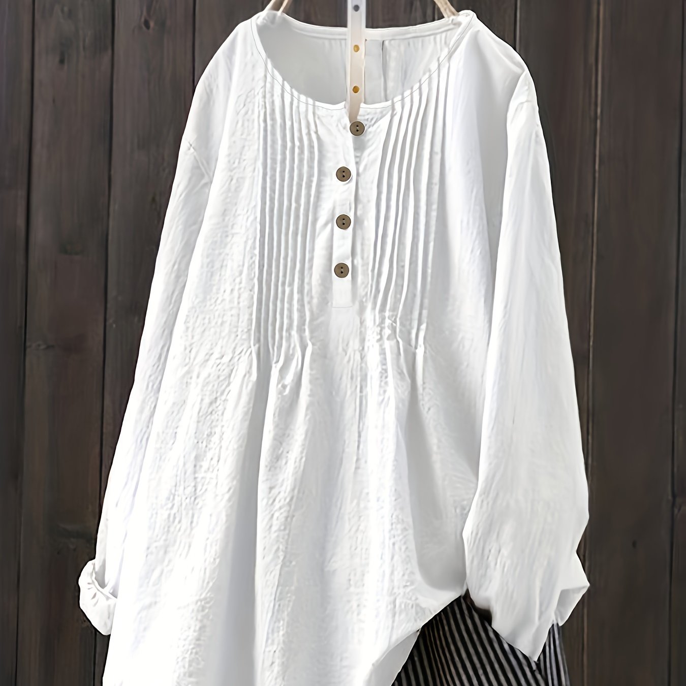 Casual Blouse Women's Solid Half Button Plicated Long Sleeve Top