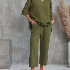 Casual 2pc Set Crew Neck Tee & Wide Leg Pants Women's Clothing