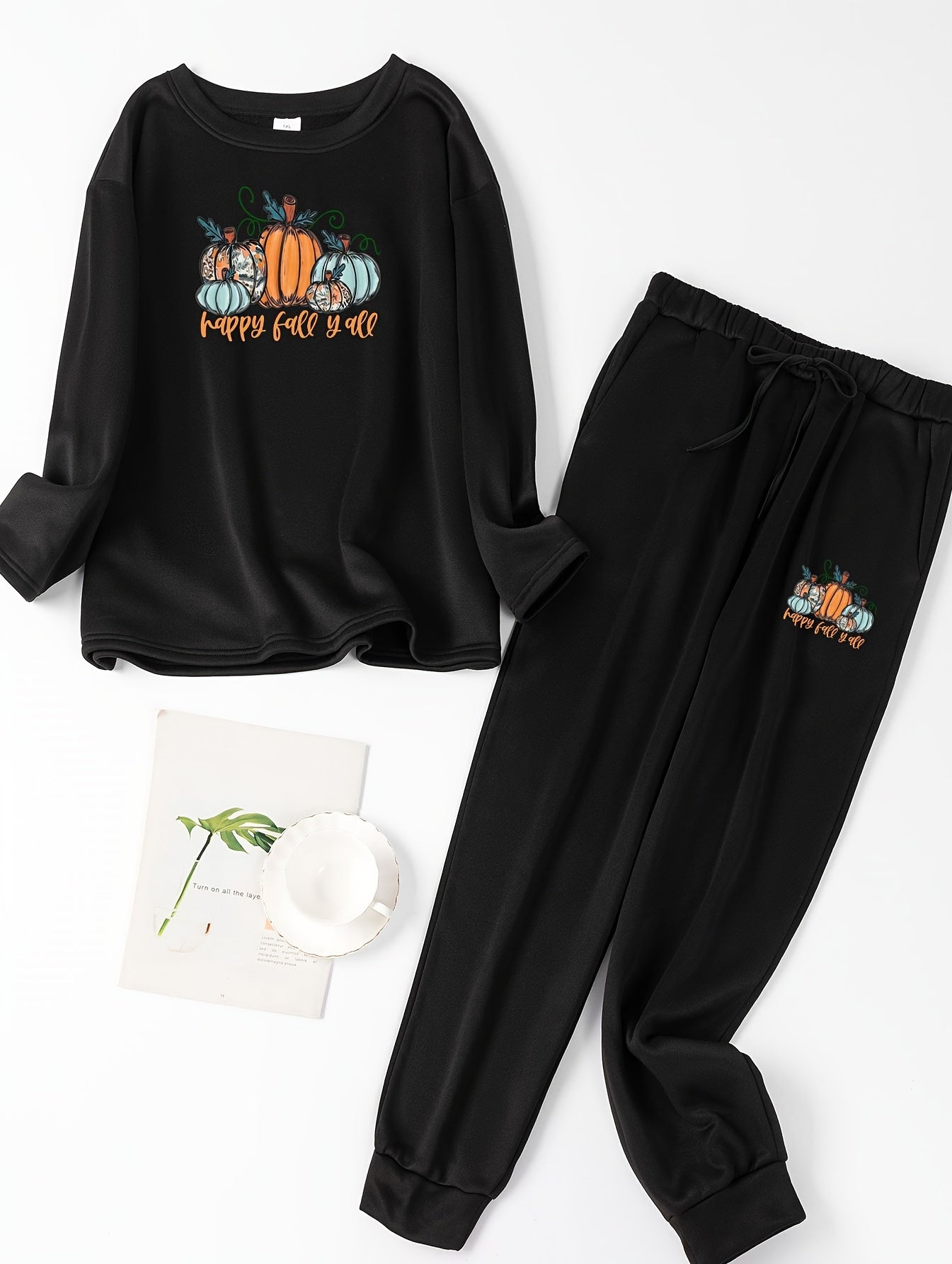 Pumpkin & Letter Print Fleece Top & Joggers Pajamas Set