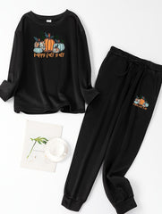 Pumpkin & Letter Print Fleece Top & Joggers Pajamas Set
