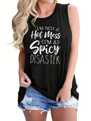 Hot Mess Letter Print Tank Top Summer Sleeveless Crew Neck Women's Clothing
