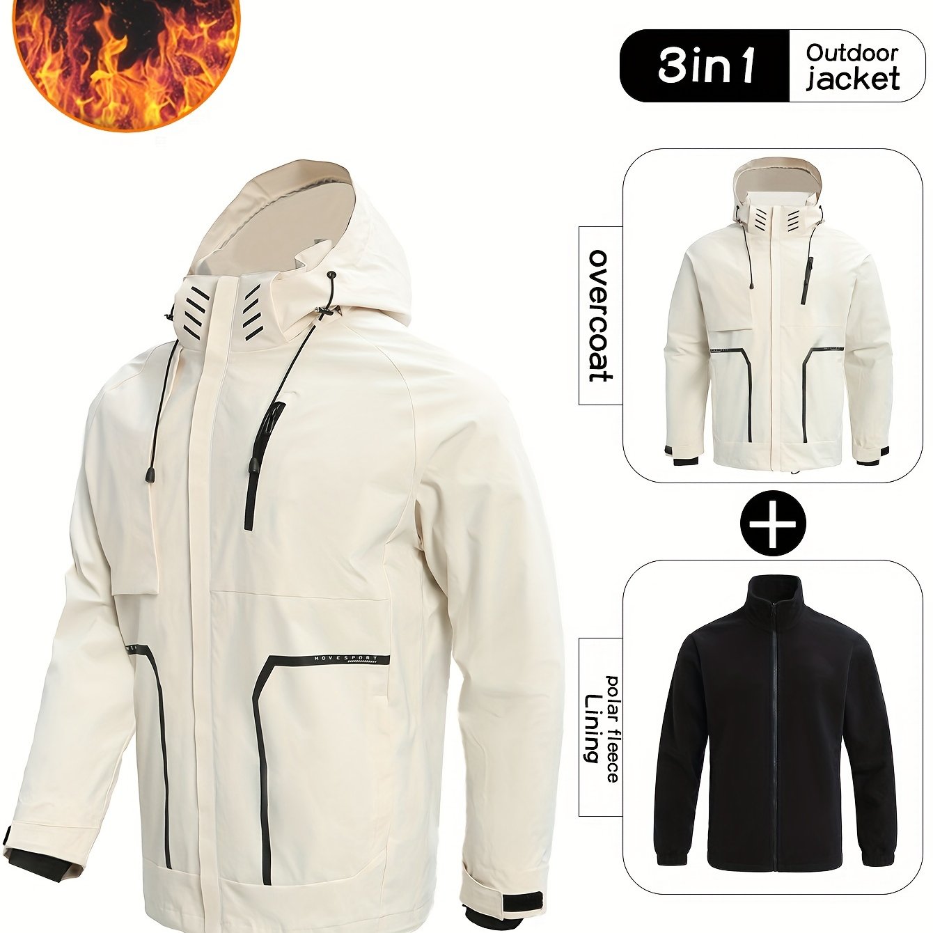 Men's Casual 3-In-1 Outdoor Jacket Hooded Windbreaker for Fall Winter