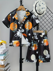 Boys Hawaiian Shirt & Shorts Set Tropical Plant Print Beach Wear Kids Summer