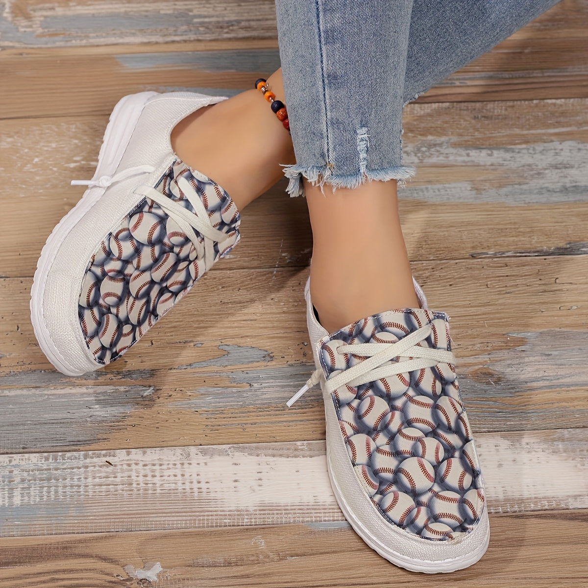Women's Baseball Pattern Boat Shoes Lightweight Canvas