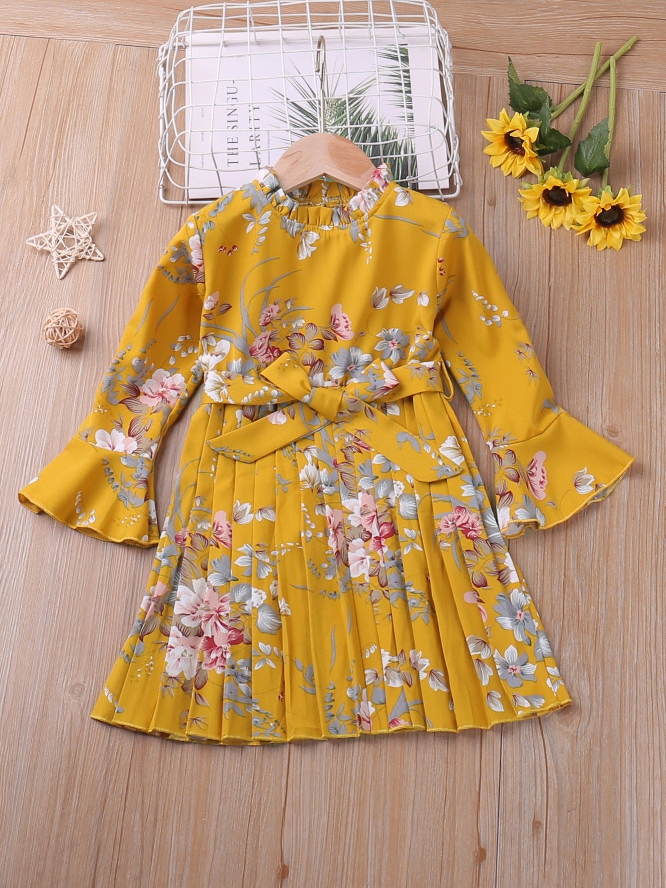 Girls' Botanical Print Long Sleeve Dress