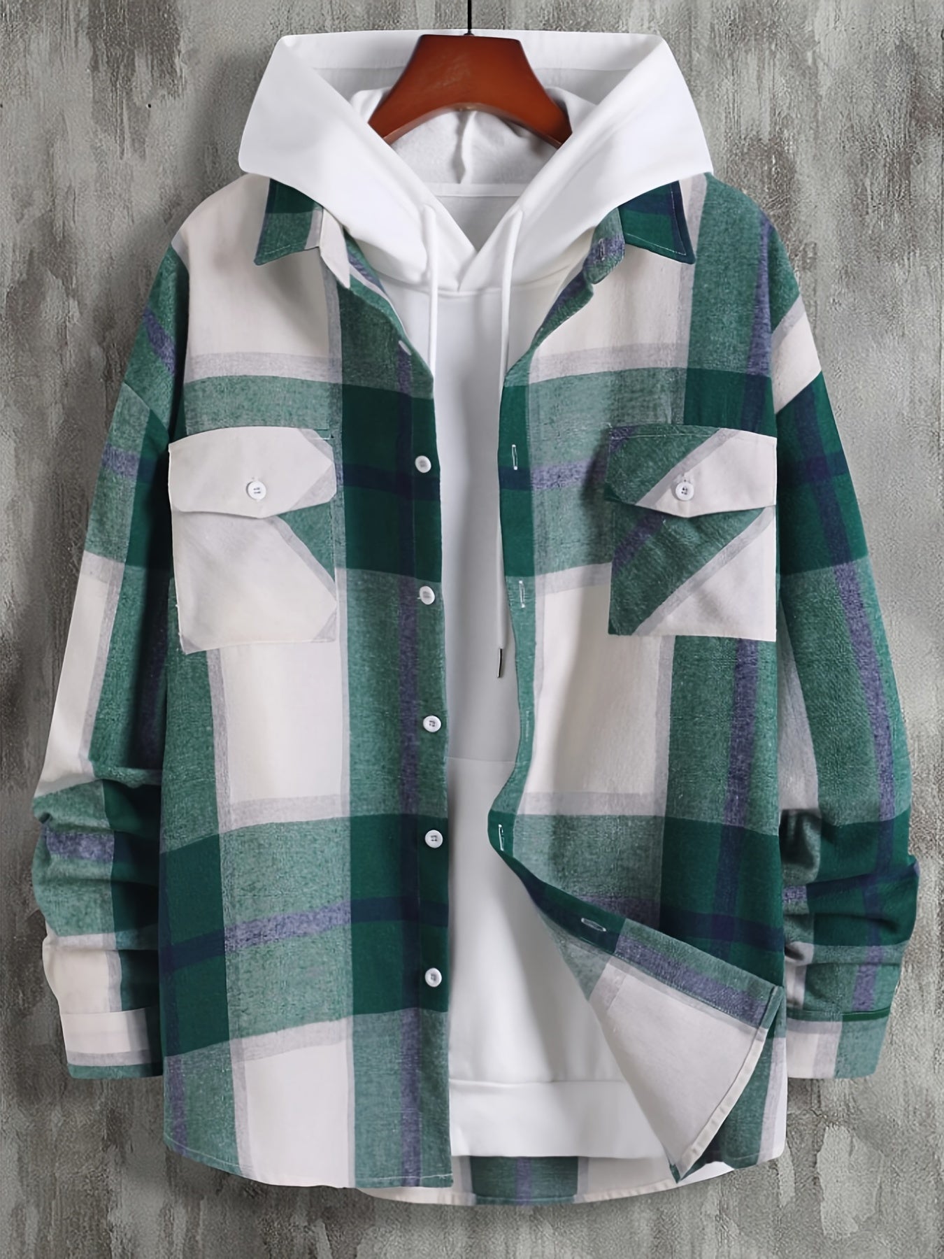Plaid Button Up Hooded Shirt for Men