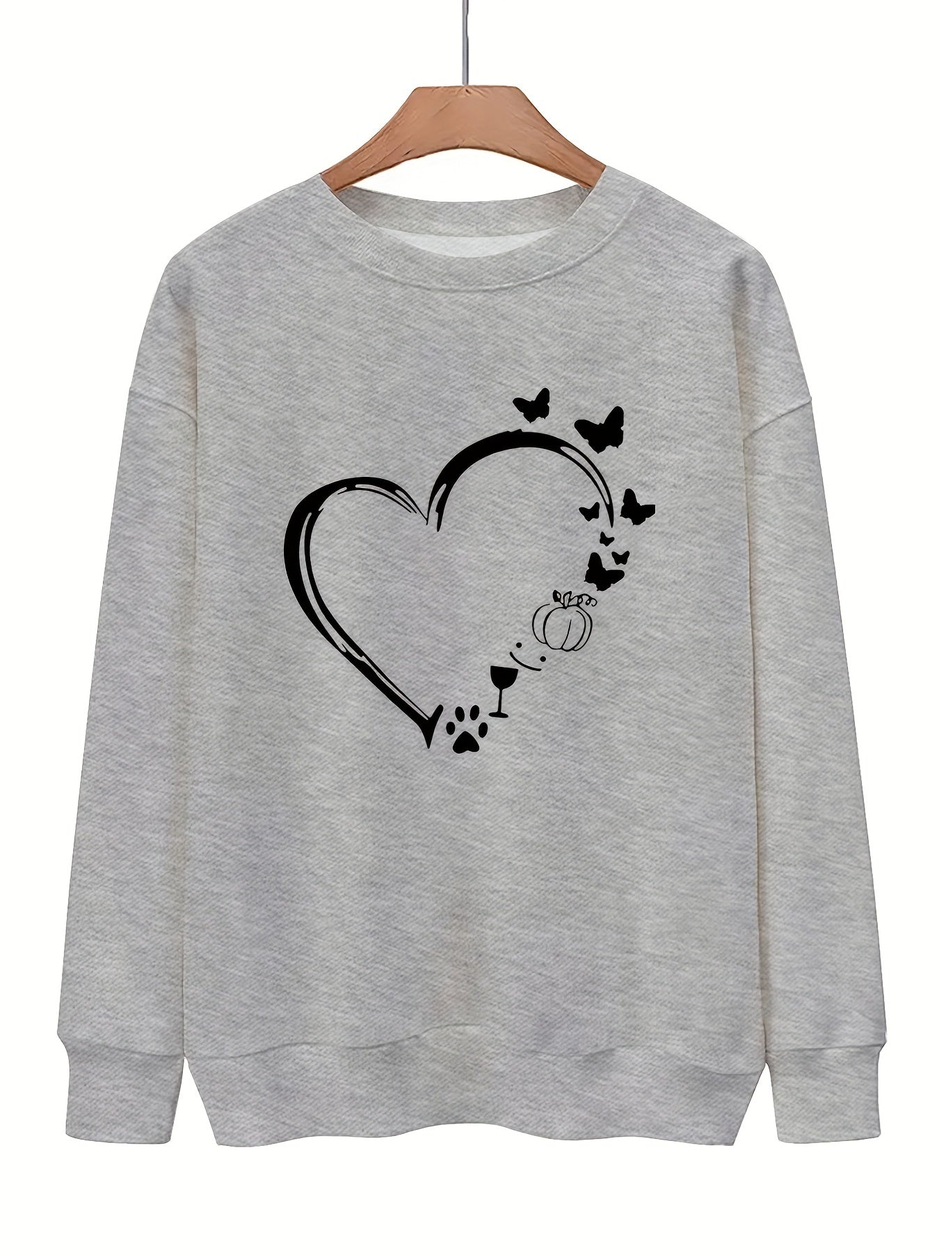 Heart Print Pullover Sweatshirt for Fall & Winter Women's Clothing