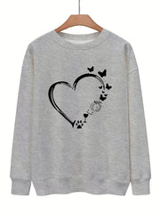 Heart Print Pullover Sweatshirt for Fall & Winter Women's Clothing