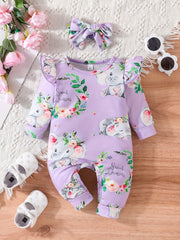 Newborn Cartoon Animal Pattern Jumpsuit & Headband 2pcs Set Baby Outfits