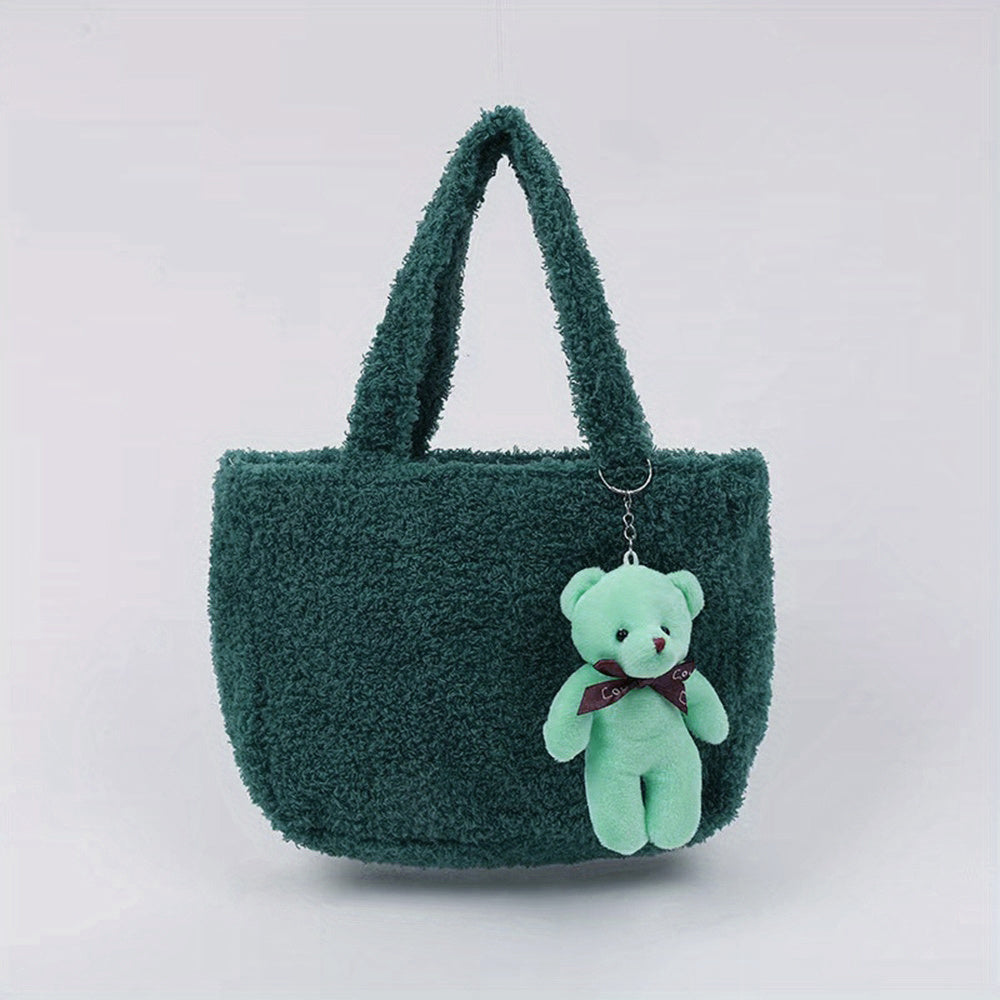 Fluffy Portable Handbag With Bear Pendant Magnet Closure