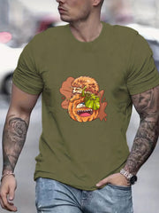 Cartoon Pumpkin & Hedgehog Print Men's Graphic Tee for Summer Vacation