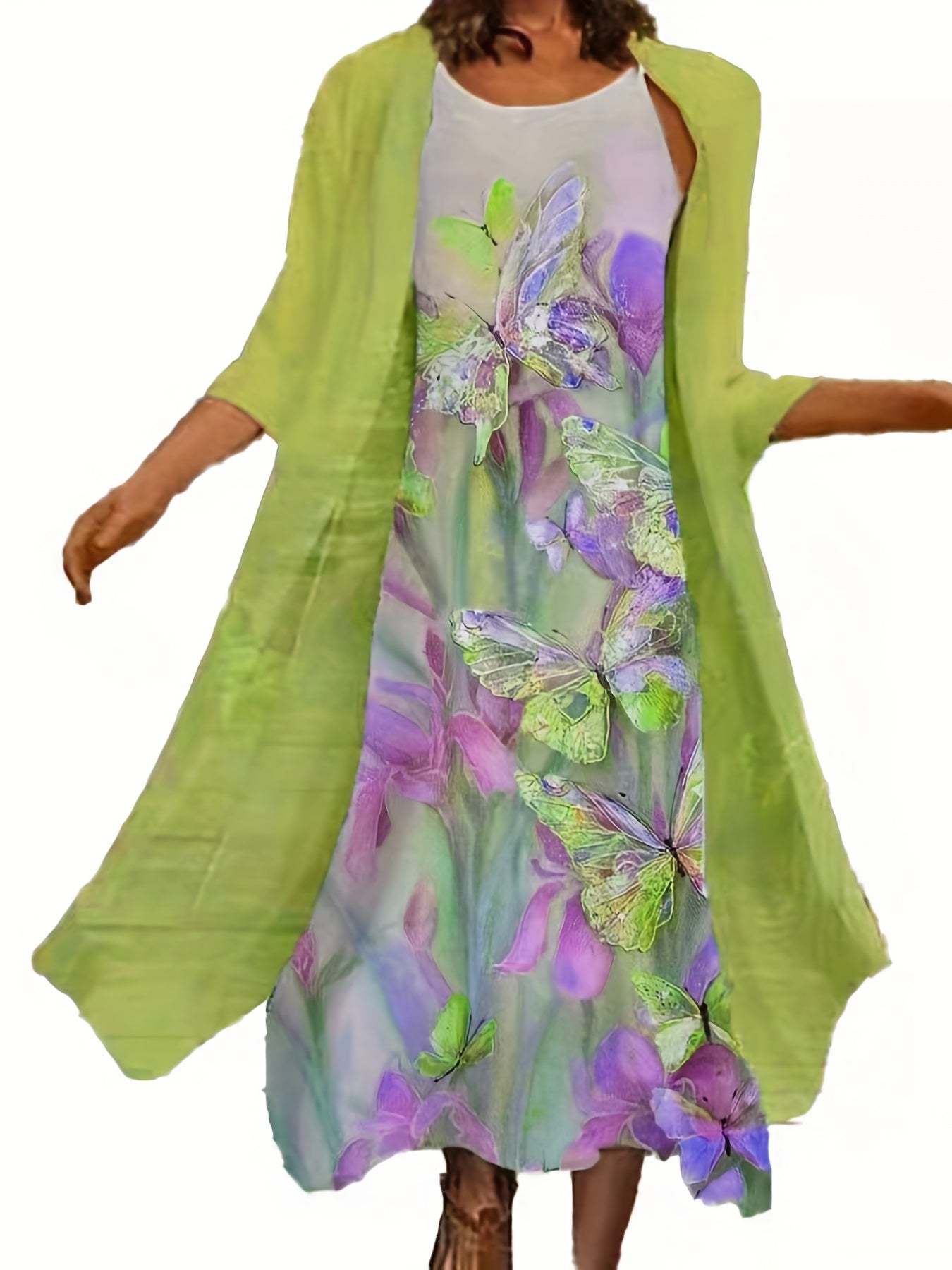 2 Piece Set Half Sleeve Open Front Coat & Floral Print Cami Dress
