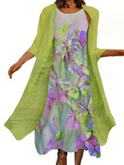 2 Piece Set Half Sleeve Open Front Coat & Floral Print Cami Dress