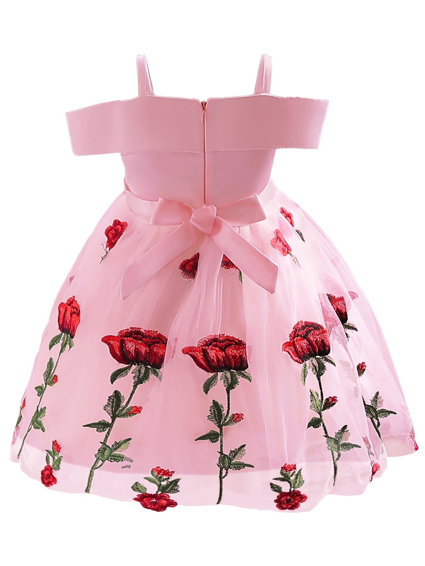 Girls Off Shoulder Princess Dress Flowers Embroidery Bow Mesh Dress