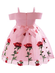 Girls Off Shoulder Princess Dress Flowers Embroidery Bow Mesh Dress
