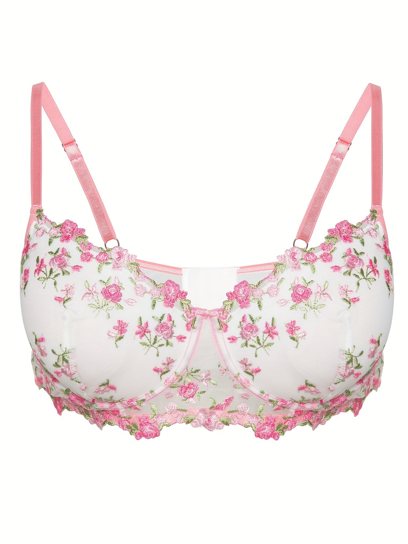 Floral Embroidered Semi Sheer Underwire Mesh Bra