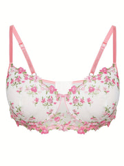 Floral Embroidered Semi Sheer Underwire Mesh Bra