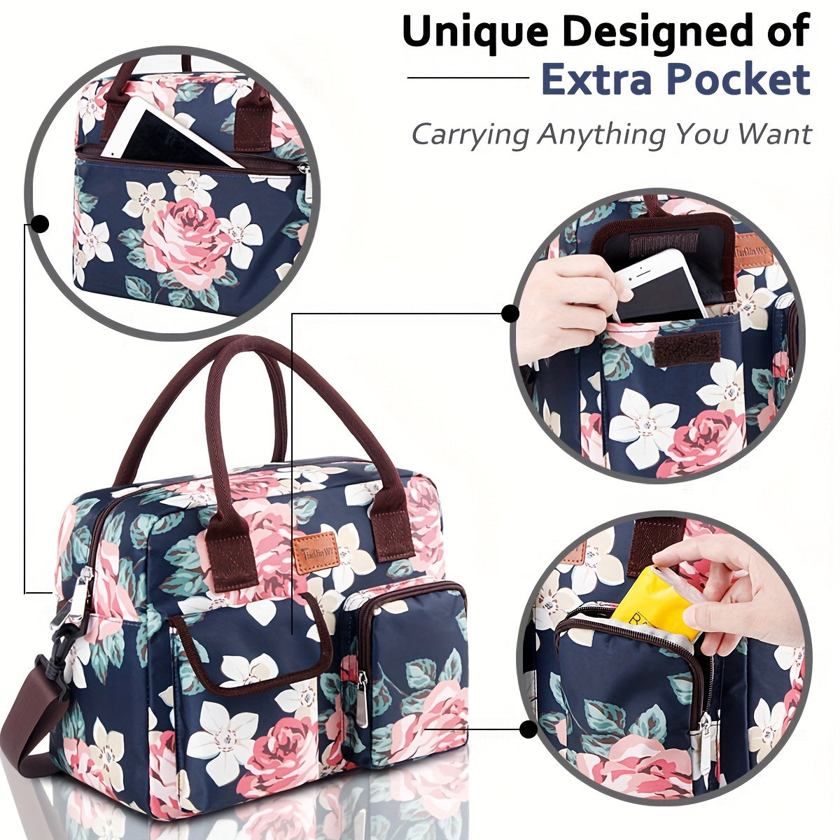 Insulated Lunch Bag Flower Pattern Shoulder Strap Keep Food Fresh