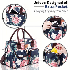 Insulated Lunch Bag Flower Pattern Shoulder Strap Keep Food Fresh