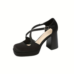 Solid Block Heeled Pumps Square Toe Dress Pumps Cross Buckle Strap Heels
