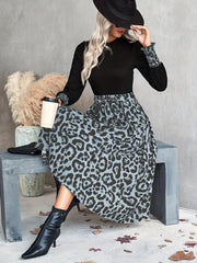 Leopard Print Set Crew Neck Lantern Long Sleeve T shirt & Belted Midi