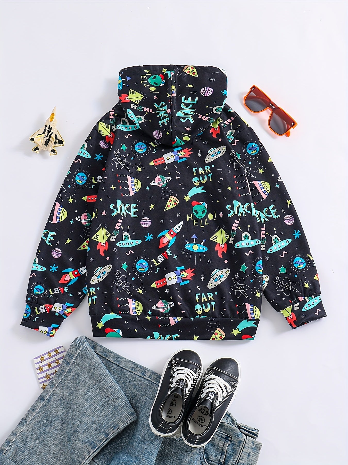 Cartoon Space Print Boys Hooded Sweatshirt