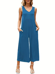 Solid V Neck Wide Leg Jumpsuit With Pockets