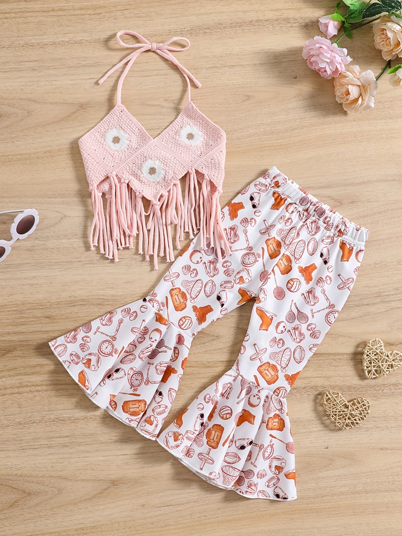2pcs Baby Girls Knit Halter Top & Flared Pants Set