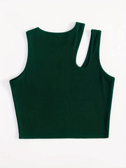 Solid Cutout Crop Tank Top Sleeveless Summer Casual Crew Neck