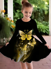 Girls 3D Butterfly Dress for Party - Crew Neck Long Sleeve