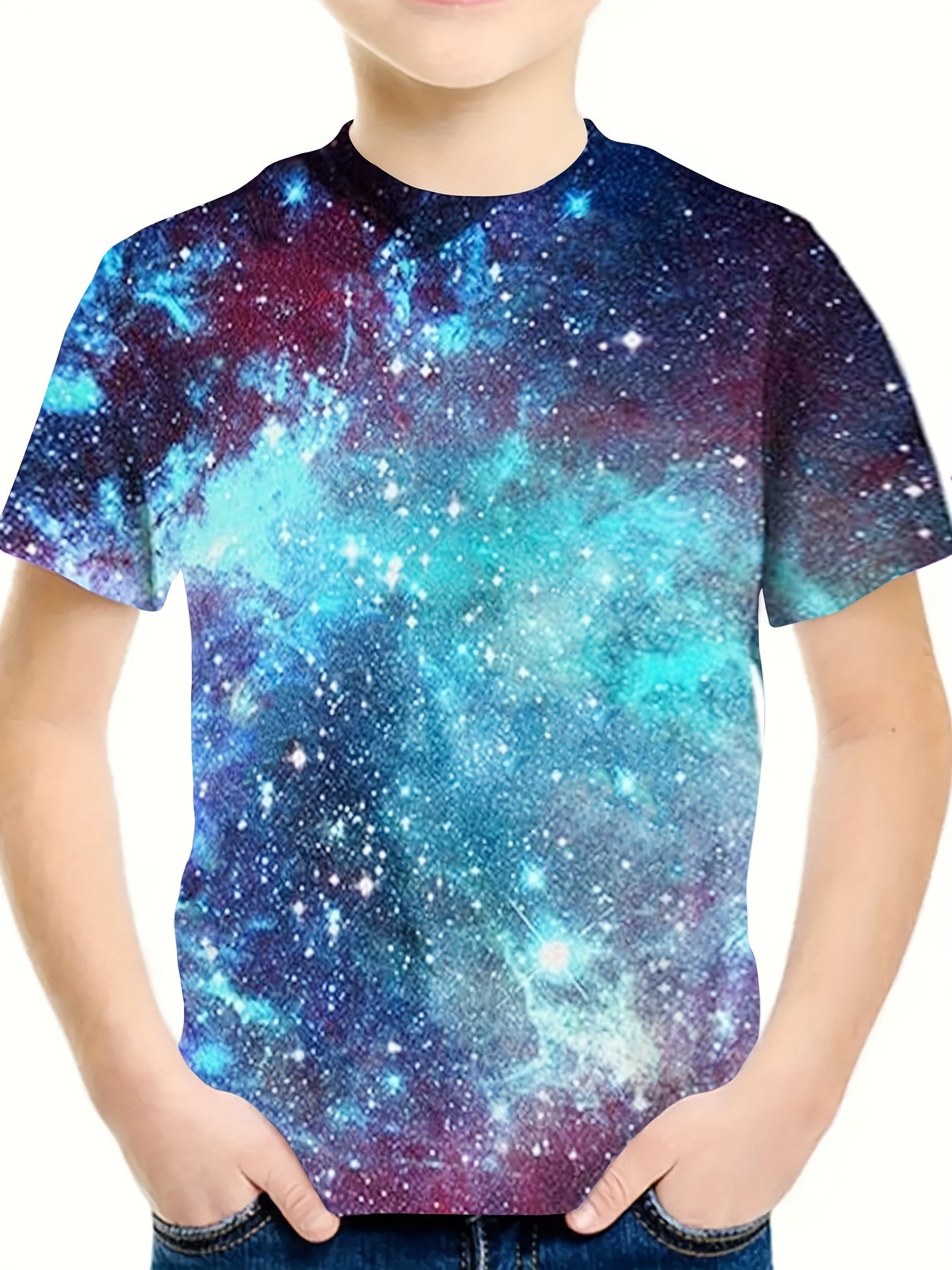 3D Dreamy Outer Space Graphic Short Sleeve T Shirt Loose Fit Pullover