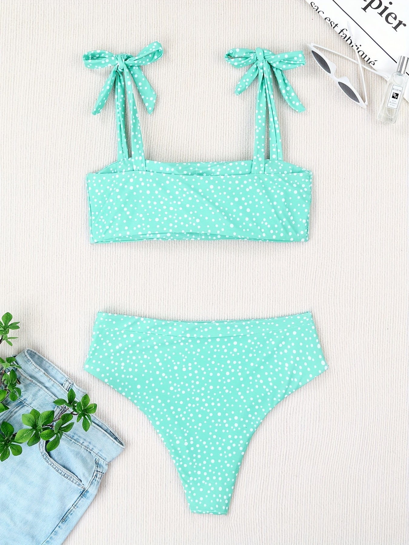 Polka Dot Print Tie Shoulder Swimsuit Set