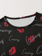Lips Print Pajamas Set Short Sleeve Top & Shorts & Pants
