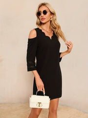 Cold Shoulder 3/4 Sleeve Dress V Neck Scallop Trim Casual