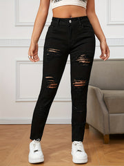 Stretchy Ripped Slash Pockets Pencil Jeans Slim Fitting Button Long Pants