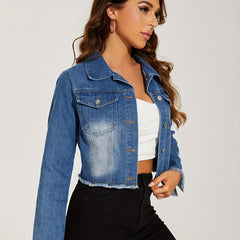 Frayed Trim Denim Jackets Long Sleeves Single Breasted Button Lapel Denim Coats