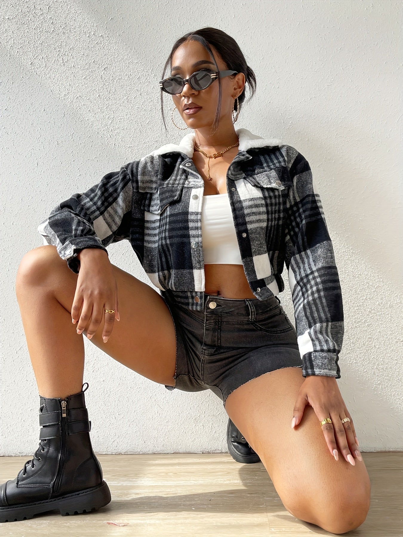 Plaid Faux Fur Collar Jacket Long Sleeve Crop Jacket
