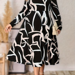 Abstract Stripe Print Long Sleeve A line Dress