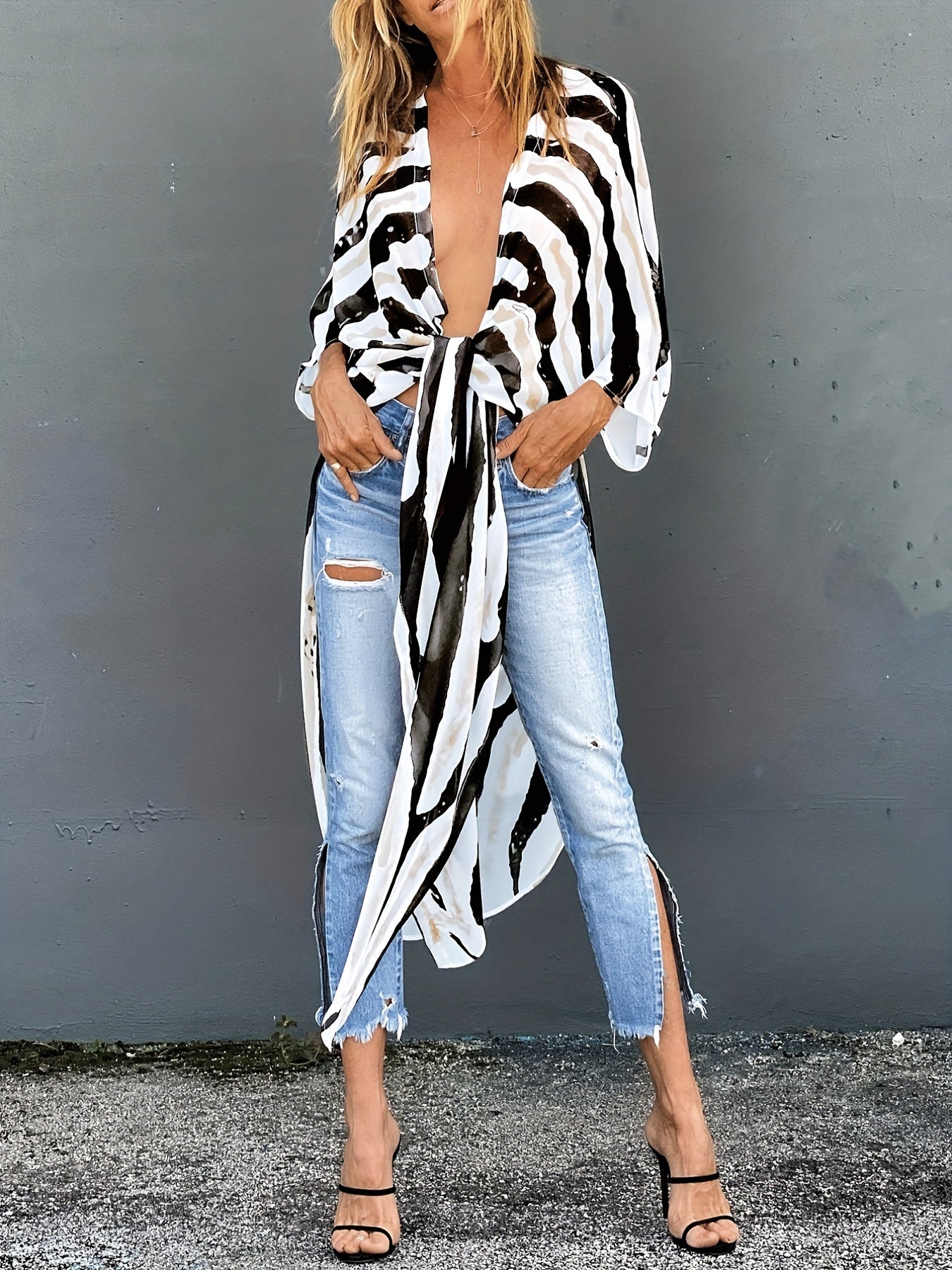 Stripes Tie Front Cover Up Cardigan & Drawstring Pants Set