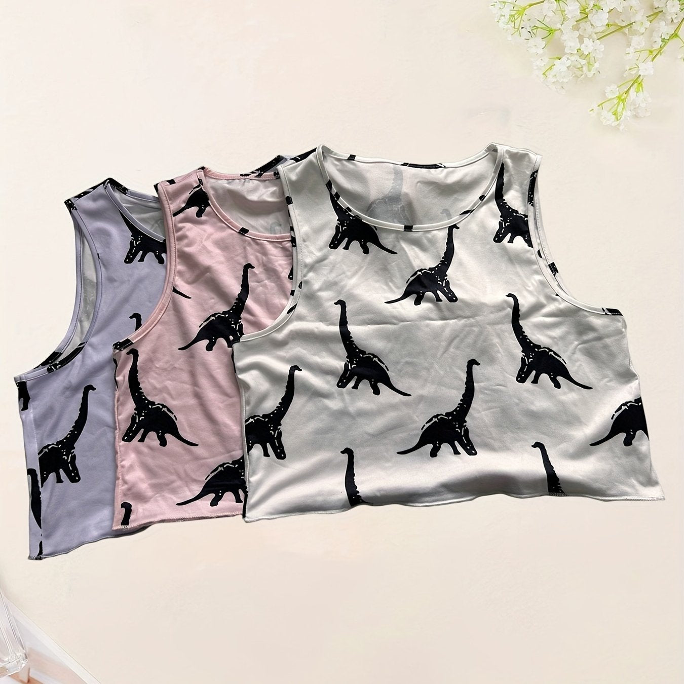 3-Pack Dinosaur Print Tank Tops Crew Neck Sleeveless Summer Top