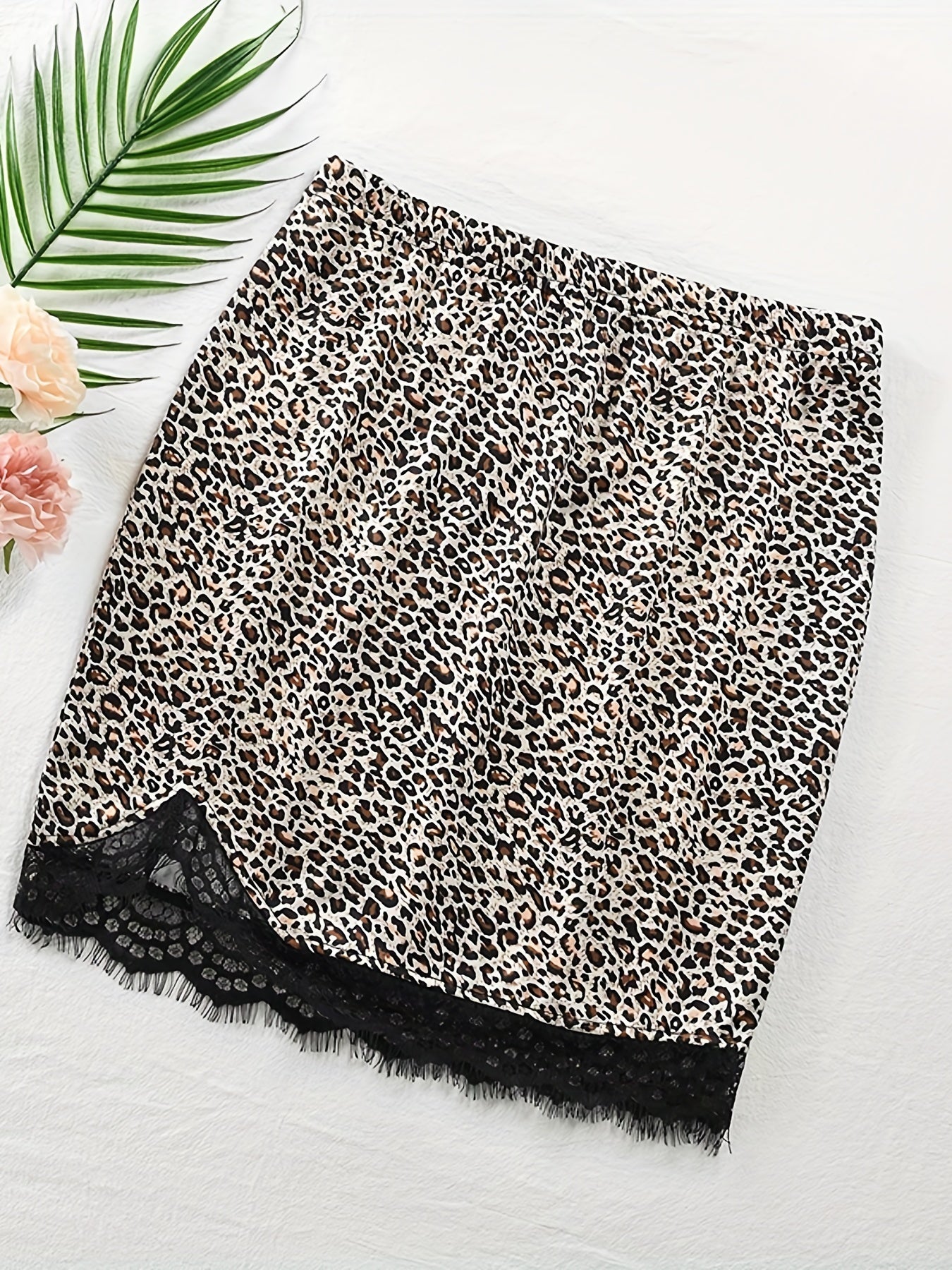 Leopard Print Lace Trim Skirt Elastic Waist Spring Summer Clothing
