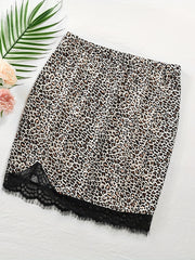 Leopard Print Lace Trim Skirt Elastic Waist Spring Summer Clothing