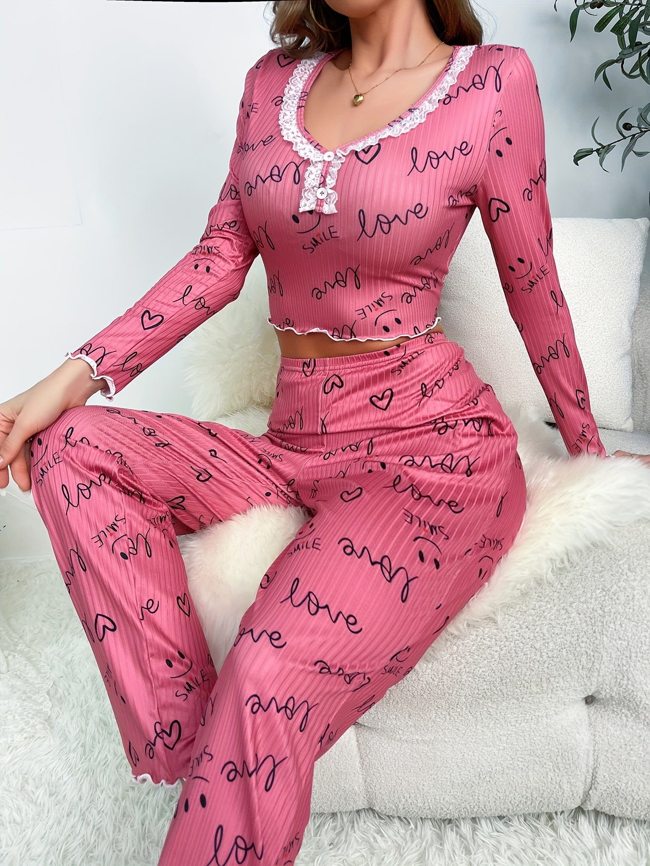 Letter Print Pajama Set w/ Long Sleeve Top & Pants