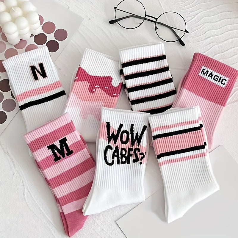 7 Pairs Letter Print Striped Socks, Women's Stockings
