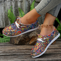 Floral Print Canvas Lace Up Sneakers Lightweight Low Top Shoes